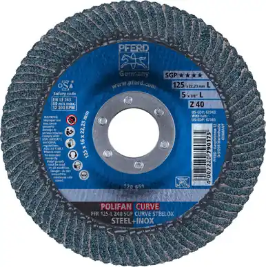 PFERD 67343 5" x 7/8" POLIFAN CURVE Flap Disc SGP Zirconia 40G Large Radius (10pk)