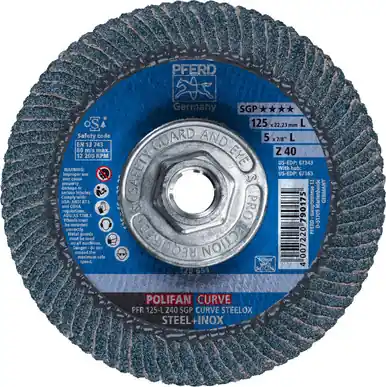 PFERD 67363 5" x 5/8-11 POLIFAN CURVE Flap Disc SGP Zirconia 40G Large Radius (10pk)