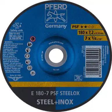 PFERD 61004 7" x 1/4" Grinding Wheel, 7/8" AH A 24 L PSF-INOX - Type 27 (10pk)