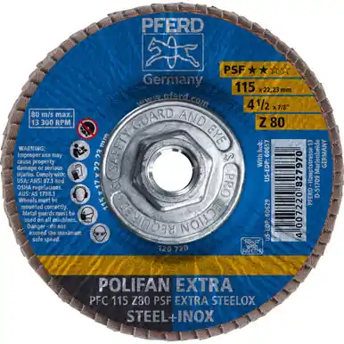 PFERD 60657 4-1/2" x 5/8-11 POLIFAN Flap Disc - Conical PSF-EXTRA Zirconia 80G (10pk)