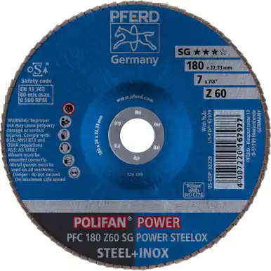PFERD 62229 7" x 7/8" POLIFAN Flap Disc - Conical SG Zirconia 60G (10pk)