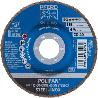 PFERD 62597 4-1/2" x 7/8" POLIFAN Flap Disc - Flat SGP Ceramic Oxide COOL 40G (10pk)