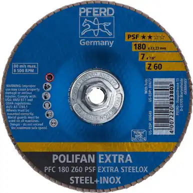 PFERD 60677 7" x 5/8-11 POLIFAN Flap Disc - Conical PSF-EXTRA Zirconia 60G (10pk)