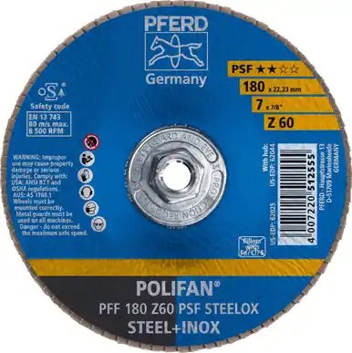 PFERD 62044 7" x 5/8-11 POLIFAN Flap Disc - Flat PSF Zirconia 60G (10pk)