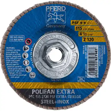 PFERD 60658 4-1/2" x 5/8-11 POLIFAN Flap Disc - Conical PSF-EXTRA Zirconia 120G (10pk)