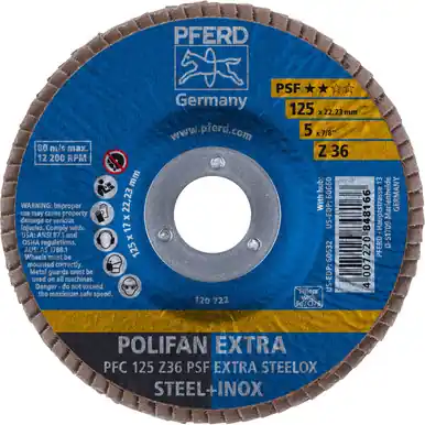 PFERD 60632 5" x 7/8" POLIFAN Flap Disc - Conical PSF-EXTRA Zirconia 36G (10pk)