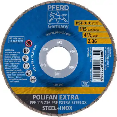 PFERD 60457 4-1/2" x 7/8" POLIFAN Flap Disc - Flat PSF-EXTRA Zirconia 36G (10pk)