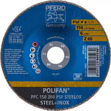PFERD 63072 6" x 7/8" POLIFAN Flap Disc - Conical PSF Zirconia 60G (10pk)