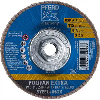 PFERD 60654 4-1/2" x 5/8-11 POLIFAN Flap Disc - Conical PSF-EXTRA Zirconia 40G (10pk)