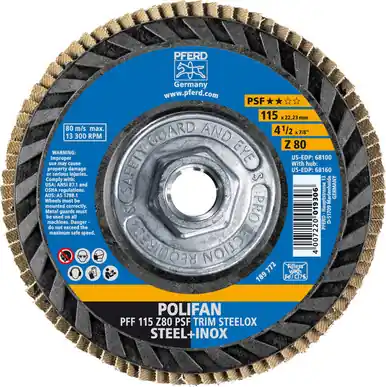 PFERD 68160 4-1/2" x 5/8-11 POLIFAN Flap Disc - Flat PSF-EXTRA TRIM-BACK Zirconia 80G (10pk)