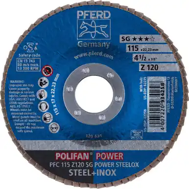 PFERD 62259 4-1/2" x 7/8" POLIFAN Flap Disc - Conical SG Zirconia 120G (10pk)