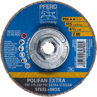 PFERD 60489 4-1/2" x 5/8-11 POLIFAN Flap Disc - Flat PSF-EXTRA Zirconia 80G (10pk)