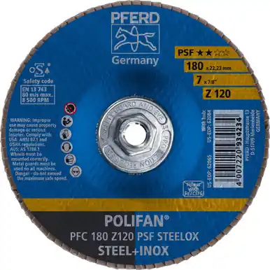 PFERD 62084 7" x 5/8-11 POLIFAN Flap Disc - Conical PSF Zirconia 120G (10pk)