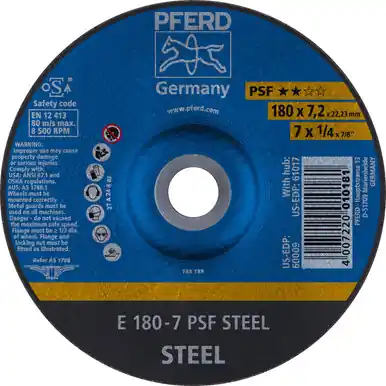 PFERD 60009 7" x 1/4" Grinding Wheel 7/8" AH A 24 R PSF- STEEL - Type 27 (10pk)