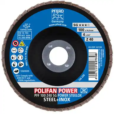 PFERD 62138 4" x 5/8" POLIFAN Flap Disc - Flat SG Zirconia 40G (10pk)