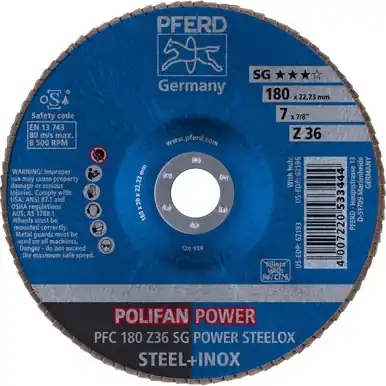 PFERD 62193 7" x 7/8" POLIFAN Flap Disc - Conical SG Zirconia 36G (10pk)