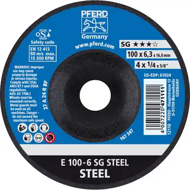 PFERD 61024 4" x 1/4" Grinding Wheel, 5/8" AH A 24 R SG - Type 27 (10pk)