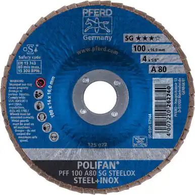 PFERD 62144 4" x 5/8" POLIFAN Flap Disc - Flat SG Aluminum Oxide 80G (10pk)