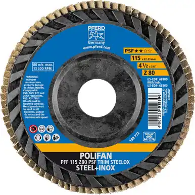 PFERD 68100 4-1/2" x 7/8" POLIFAN Flap Disc - Flat PSF-EXTRA TRIM-BACK Zirconia 80G (10pk)