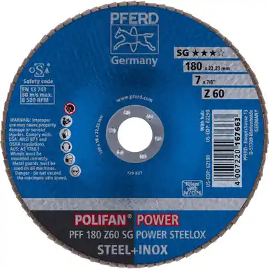 PFERD 62190 7" x 7/8" POLIFAN Flap Disc - Flat Z SG POWER STEELOX Zirconia 60G (10pk)