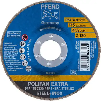 PFERD 60462 4-1/2" x 7/8" POLIFAN Flap Disc - Flat PSF-EXTRA Zirconia 120G (10pk)