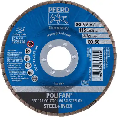 PFERD 62653 4-1/2" x 7/8" POLIFAN Flap Disc - Conical SGP Ceramic Oxide COOL 60G (10pk)