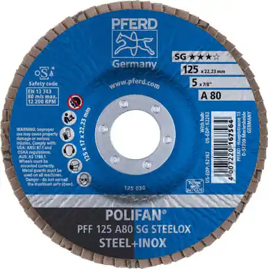 PFERD 62162 5" x 7/8" POLIFAN Flap Disc - Flat SG Aluminum Oxide 80G (10pk)