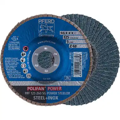 PFERD 62184 5" x 7/8" POLIFAN Flap Disc - Flat Z SG POWER STEELOXG Zirconia 60G (10pk)
