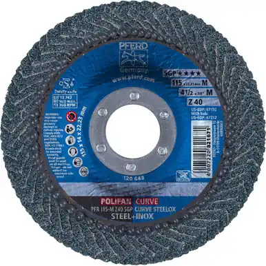 PFERD 67192 - 4-1/2" x 7/8" POLIFAN CURVE Medium Radius Flap Disc SGP Zirconia 40G (10pk)