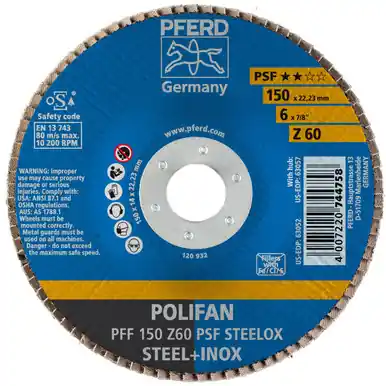 PFERD 63052 6" x 7/8" POLIFAN Flap Disc - Flat PSF Zirconia 60G (10pk)