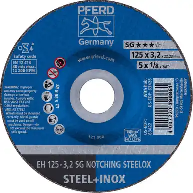 PFERD 63422 5" x 1/8" Notching Wheel, 7/8" AH A 24 R SG-INOX - Type 27 (20pk)