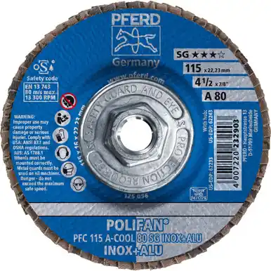PFERD 62243 4-1/2" x 5/8-11 POLIFAN Flap Disc - Conical SG Aluminum Oxide COOL 80G (10pk)