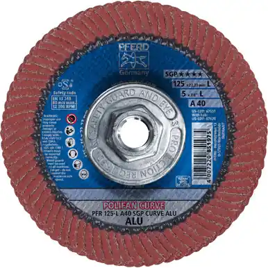 PFERD 67676 5" x 5/8-11 POLIFAN CURVE Flap Disc SGP-ALU for Aluminum 40G Large Radius (10pk)