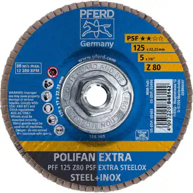 PFERD 60496 5" x 5/8-11 POLIFAN Flap Disc - Flat PSF-EXTRA Zirconia 80G (10pk)