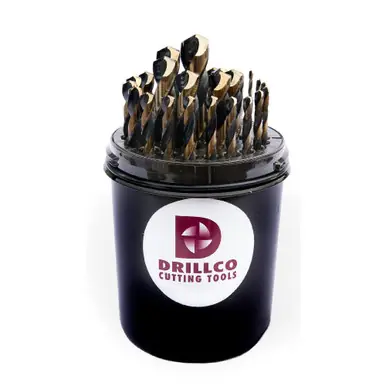 DRILLCO 350NW29 - 29pc HSS Nitro Mechanic‘s Length Drill Bit Set, Black/Gold, 135° Split Point,