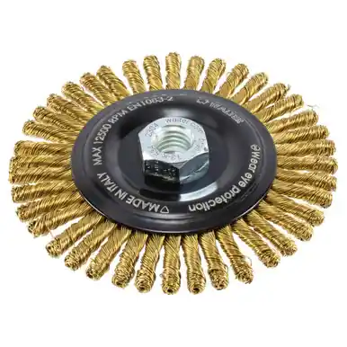 WALTER 13K534 - 5" x 1/4" Stringer Bead Brass Wire Wheel Brush 0.020", 5/8"-11 Arbor, Spin-On