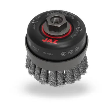 JAZ 55062 - 5" Twist Knot Wire Cup Brush, w/Metal Ring, .015" Steel, 5/8"-11 Thread