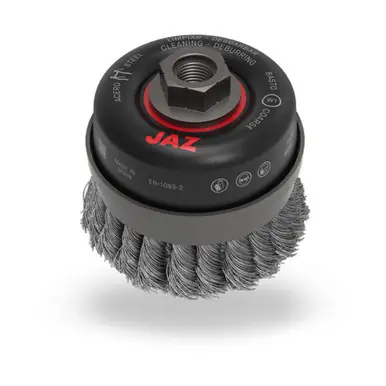 JAZ 55282 - 5" Twist Knot Wire Cup Brush, Double Row, w/Metal Ring, .020" 302SS, 5/8"-11 Thread