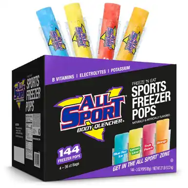 All Sport Freezer Bars, Giant Sized 3 oz Refreshing Ice Pops with Electrolytes, B Vitamins &