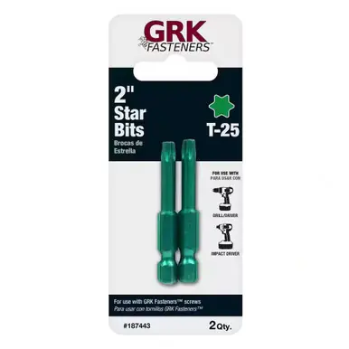 GRK 187443 - Star Drive Bit - T-25, 2" - Green - Carded 2pk