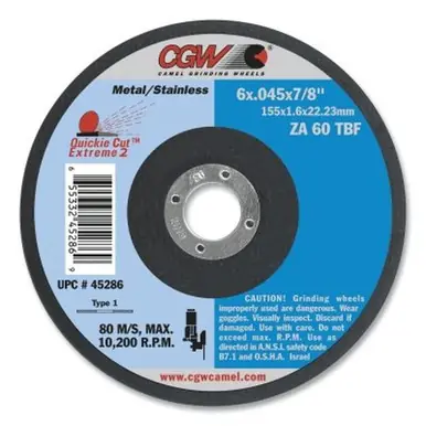 CGW Abrasives 45102 Cut-Off Wheel, 4.5" x 0.045" x 7/8", A60-Tbf (50pk)