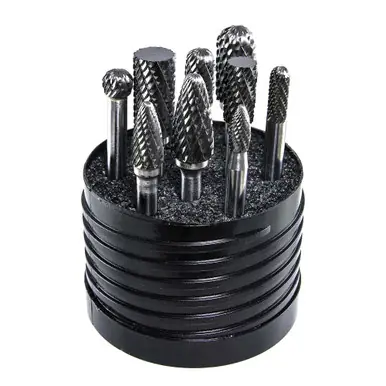 DRILLCO 70S004DC - 10pc, 1/4" Shank, Solid Carbide Double Cut Burr Set