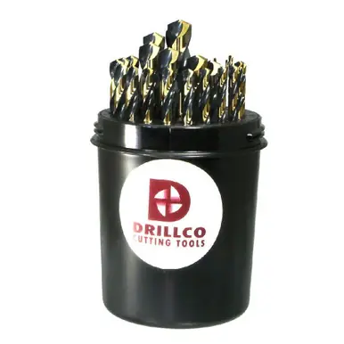 DRILLCO 400FW29 - 29pc HSS Jobber Drill Bit Set, Black/Gold, 140° Split Point, 1/16" to 1/2" by
