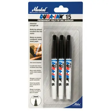 MARKAL 96098 Dura-Ink 15 Markers, Black, 1/16 in, Felt (3pk)