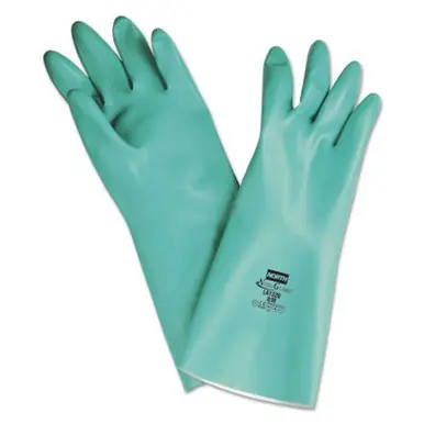Honeywell LA132G/9 Nitriguard Plus Unsupported Nitrile Gloves, Straight, Flocked, 9, Green