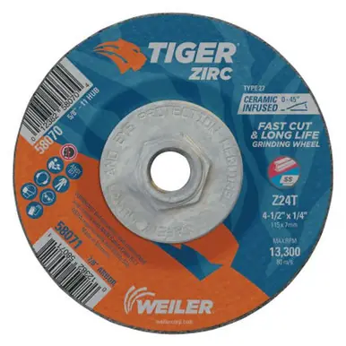 WEILER 58070 Tiger Zirc Grinding Wheels, 4 1/2" Dia, 1/4" Thick, 5/8"-11 Arbor (10pk)