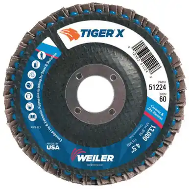 WEILER 51224 Tiger X Flap Disc, 4-1/2" Flat, 60 Grit, 7/8" Arbor