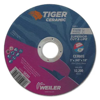 WEILER 58301 Tiger Ceramic Cutting Wheels Type 1 5" Dia. 0.045" Thick 7/8" Arbor