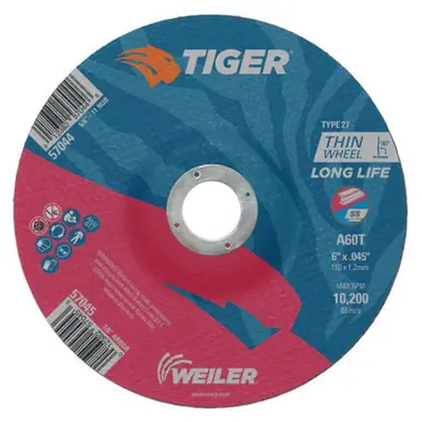 WEILER 57045 Tiger Thin Cutting Wheels, 6" Dia, .045" Thick, 7/8" Arbor, Grit 60 (25pk)