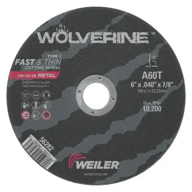 WEILER 56282 Large Type 1 Reinforced Wheel 6" Dia .04" Thick 60 Grit Aluminum Oxide